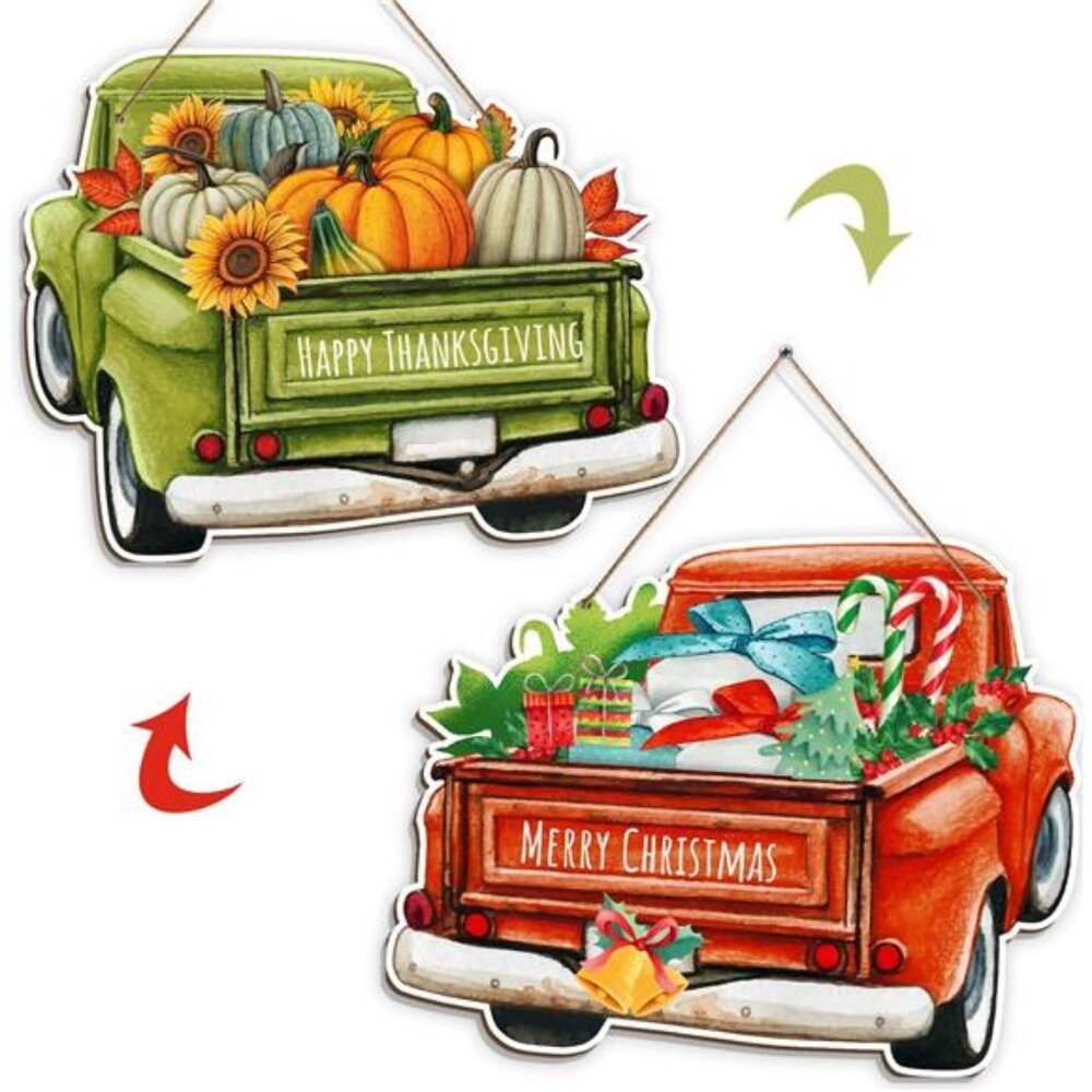 Happy Thanksgiving Decor Merry Christmas Decoration for Front Door Reversible